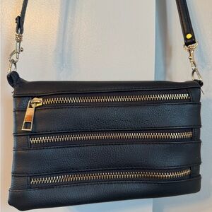 Black Crossbody Bag with Gold Zippers